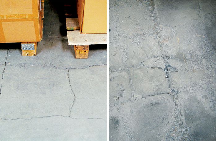 Cracked and damaged concrete flooring.